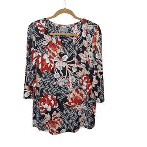 JM Collection Womens Pullover Top Size‎ M Red Multi Floral  Stretch Comfort Knit